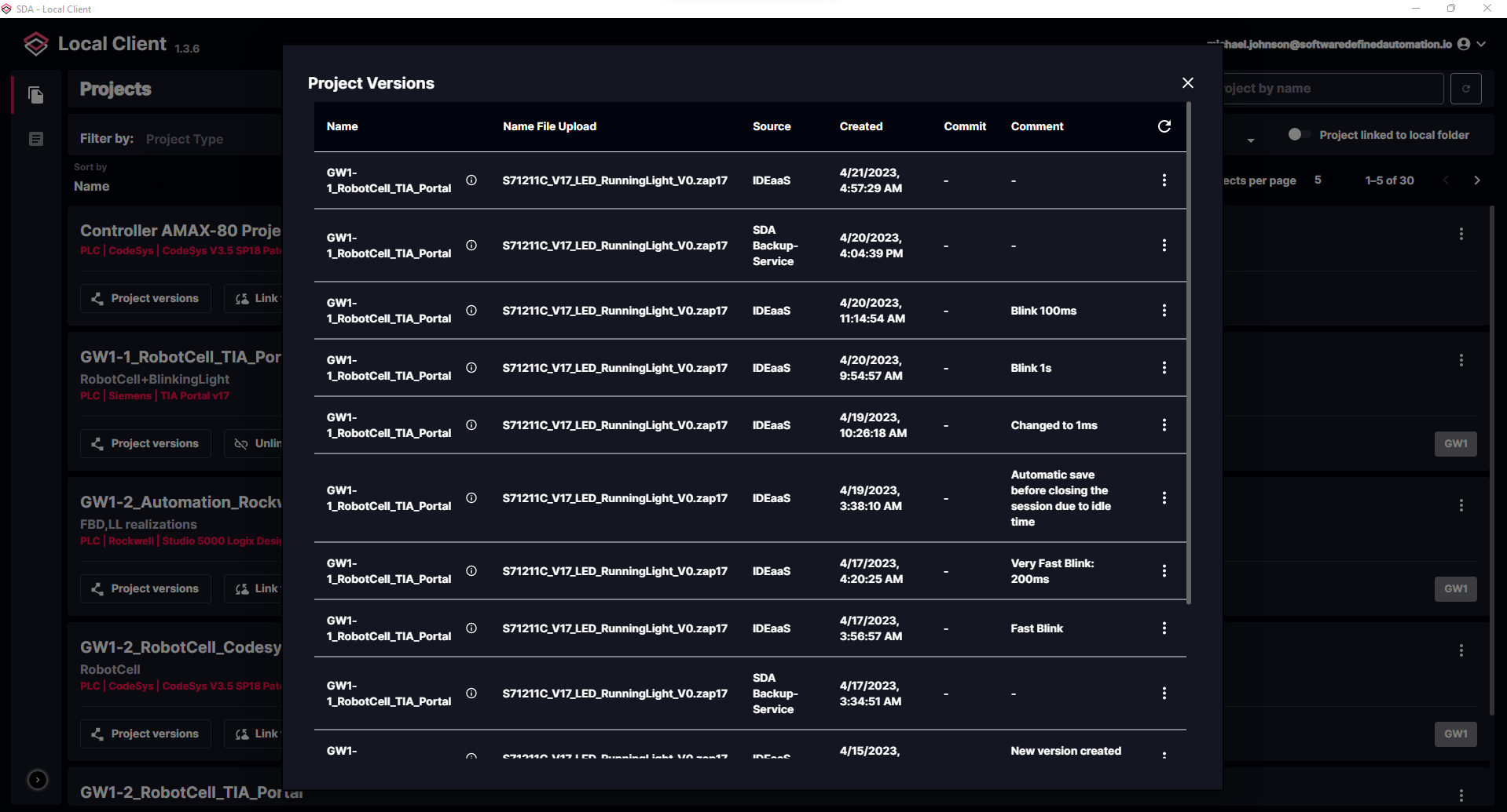 PLC project storage with project diff viewer for code management