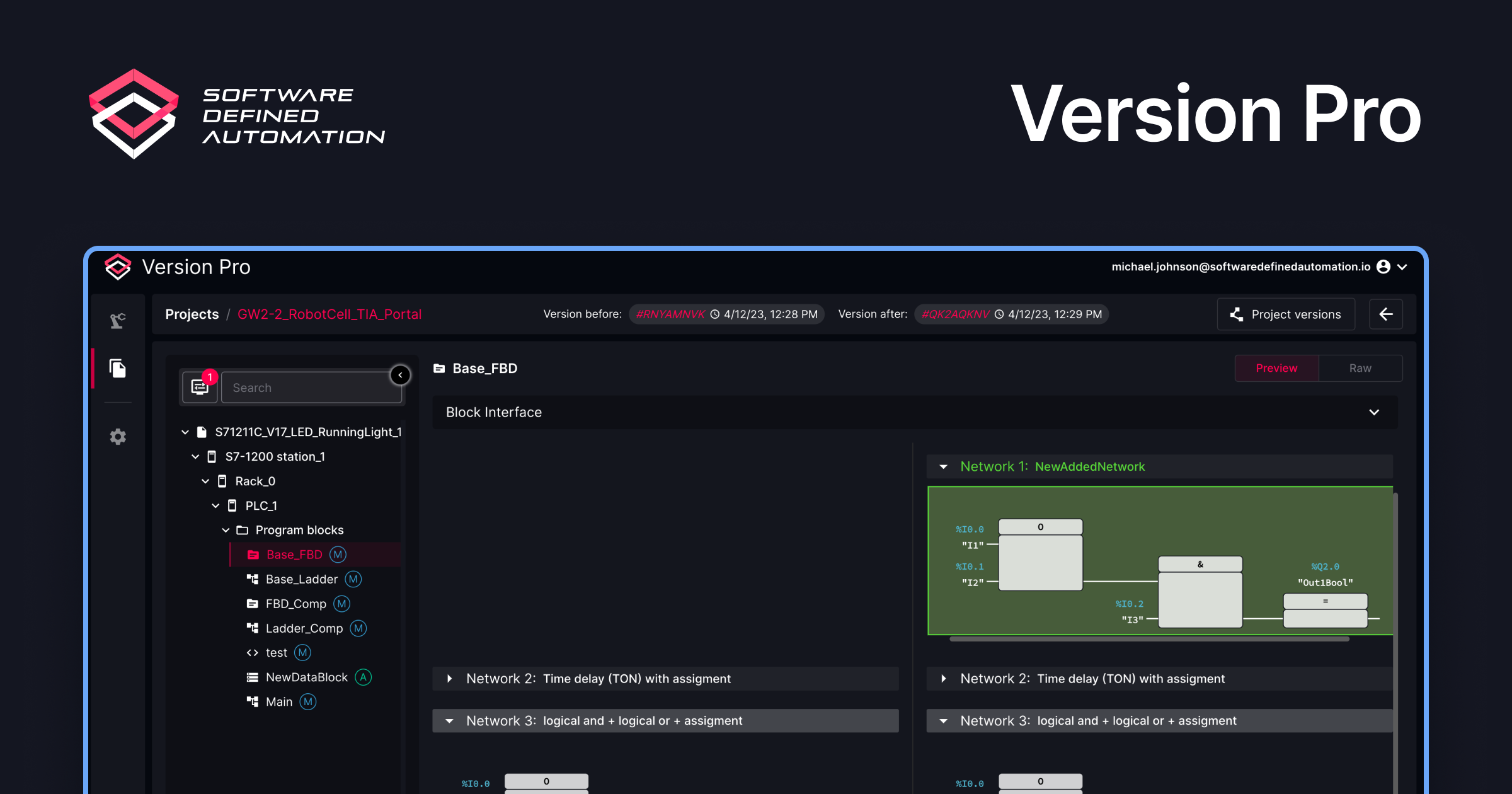 PLC project storage with project diff viewer for PLC code versioning