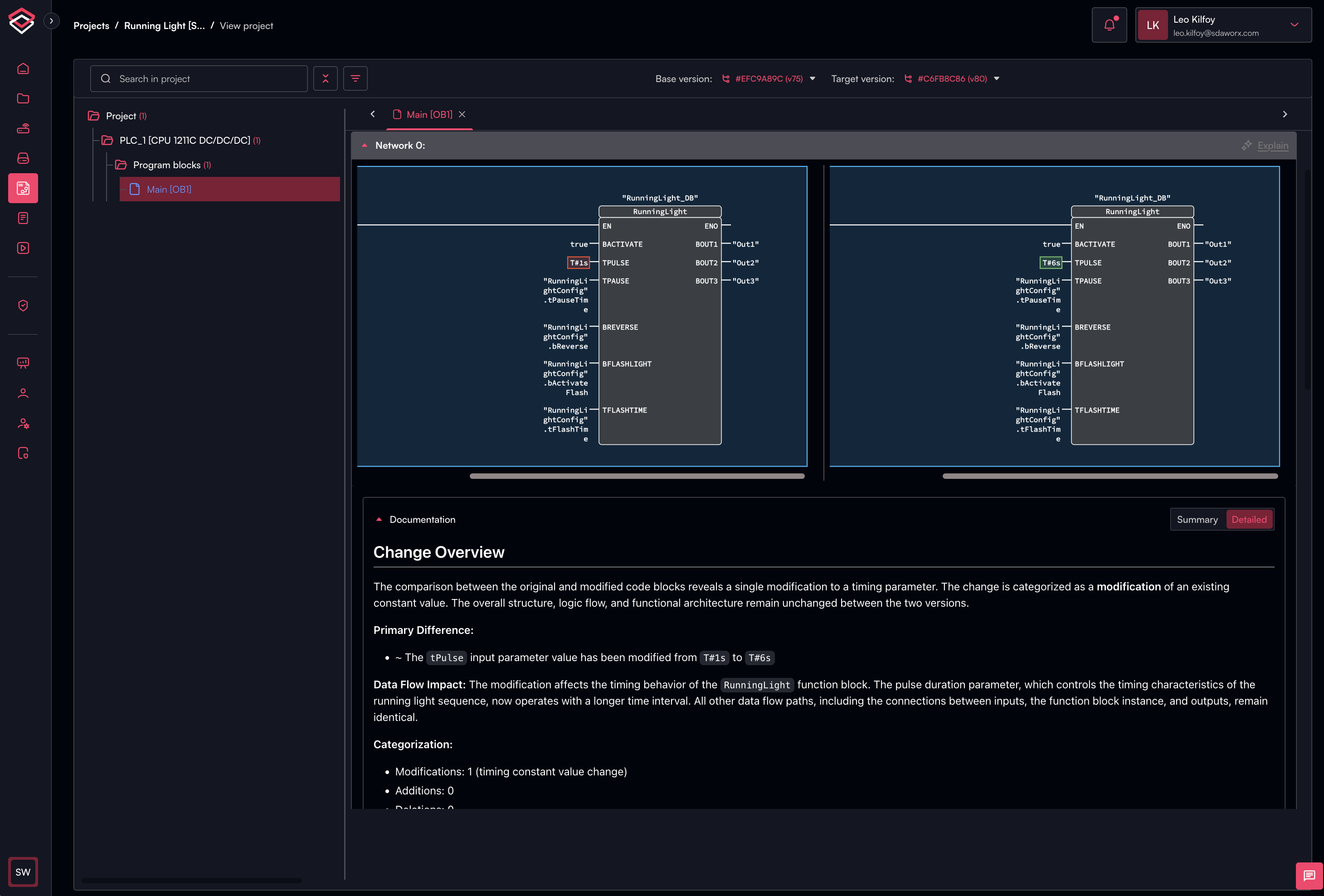 Software Defined Automation provides a detailed summary of differences between two versions of a function block diagram using AI